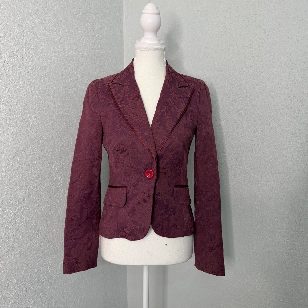 Bebe Womens Floral Jacquard Blazer Burgundy Single Button Tailored Jacket Size 6